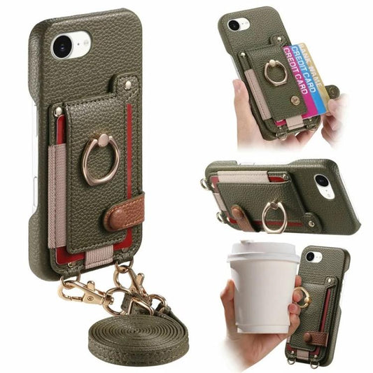 Litchi Texture Card Bag Ring Holder Vegan Leather + PC Phone Case with Shoulder Strap, For iPhone 16e / 17e, For iPhone 17 Pro Max, For iPhone 17 Pro  