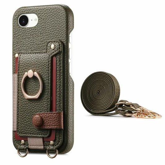 Litchi Texture Card Bag Ring Holder Vegan Leather + PC Phone Case with Shoulder Strap, For iPhone 16e / 17e, For iPhone 17 Pro Max, For iPhone 17 Pro  