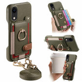Litchi Texture Card Bag Ring Holder Vegan Leather + PC Phone Case with Shoulder Strap, For iPhone XR, For iPhone XS Max, For iPhone 6 Plus/7 Plus/8 Plus  