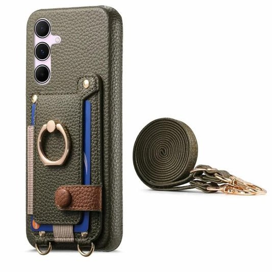 Litchi Texture Card Bag Ring Holder Vegan Leather + PC Phone Case with Shoulder Strap, For Samsung Galaxy S23 5G, For Samsung Galaxy S22 5G  