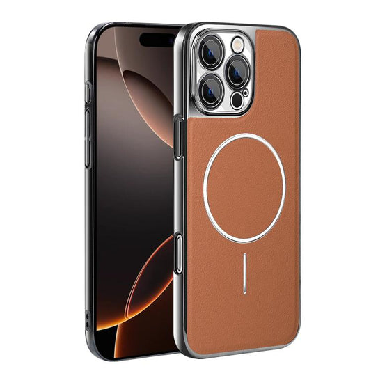 Electroplated Frame Vegan Leather Magnetic Shockproof Phone Case, For iPhone 16 Pro, For iPhone 16 Plus, For iPhone 16, For iPhone 15 Pro Max  