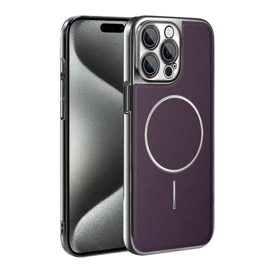 Electroplated Frame Vegan Leather Magnetic Shockproof Phone Case, For iPhone 15 Pro, For iPhone 15 Plus, For iPhone 15, For iPhone 14 Plus  
