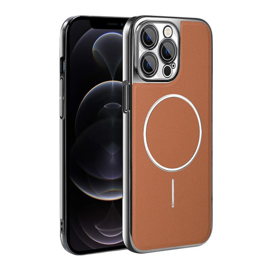 Electroplated Frame Vegan Leather Magnetic Shockproof Phone Case, For iPhone 12 Pro  