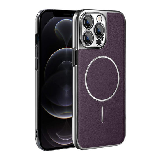 Electroplated Frame Vegan Leather Magnetic Shockproof Phone Case, For iPhone 12 Pro  