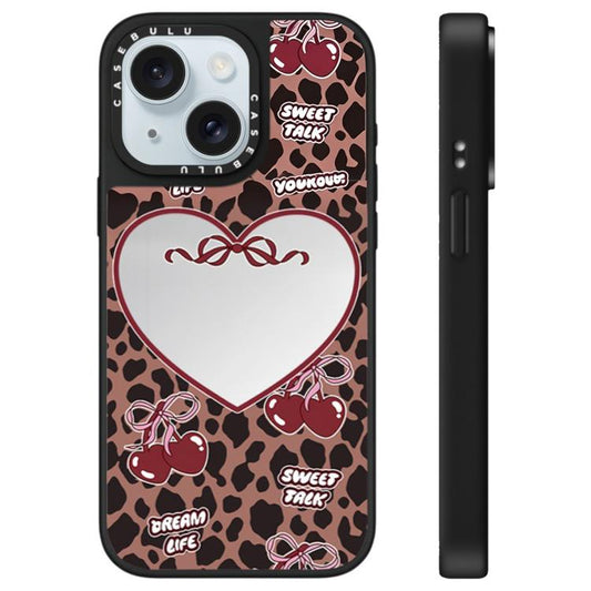 Leopard Cherry Series Pattern Mirror Phone Case, For iPhone 15 Plus, For iPhone 15  