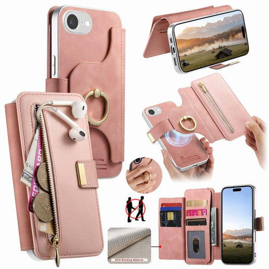 Precision Hole Silver-Edged Ring RFID Blocking Zipper Wallet Magnetic Vegan Leather Phone Case, For iPhone 16 Plus, For iPhone 16, For iPhone 15 Pro Max  