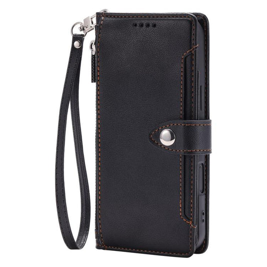 Litchi Texture Zipper Wallet Buckle Vegan Leather Phone Case with Wrist Strap, For Galaxy S24+ 5G, For Galaxy S24 5G, For Galaxy S23 FE 5G  