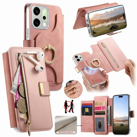 Precision Hole Silver-Edged Ring RFID Blocking Zipper Wallet Magnetic Vegan Leather Phone Case, For OPPO Reno14 Pro Global, For OPPO Reno14 Global, For OPPO A5 Pro 5G Global  
