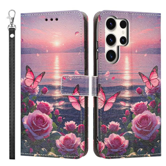 Painted Pattern Vegan Leather Phone Case with Strap, For Galaxy S24 Ultra 5G, For Galaxy S23 FE 5G, For Galaxy S23 Ultra 5G  