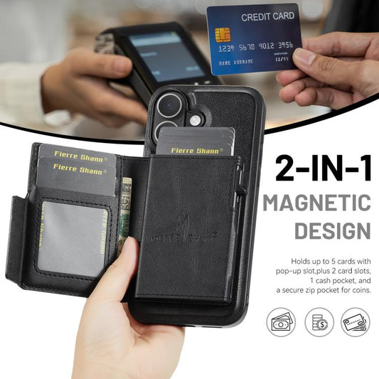 Fierre Shann Oil Wax Vegan Leather Magnetic Card Holder Back Phone Case, For iPhone 16, For iPhone 15 Pro Max, For iPhone 15 Pro, For iPhone 15 Plus / 14 Plus  