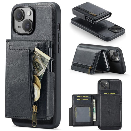 Fierre Shann Oil Wax Vegan Leather Magnetic Card Holder Back Phone Case, For iPhone 15, For iPhone 14 / 13, For iPhone 14 Pro, For iPhone 14 Pro Max  
