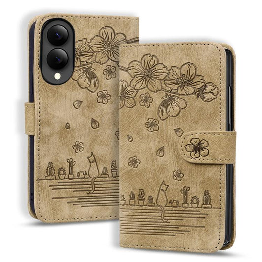 Cartoon Sakura Cat Embossed Leather Phone Case, For Galaxy Z Fold8 5G, For Galaxy Z Fold8 Ultra 5G, For Galaxy Z Fold7 5G  