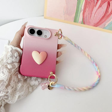 Gradient Skin Feel Anti-fingerprint Phone Case with Heart Charm / Wrist Strap, For iPhone Duo  