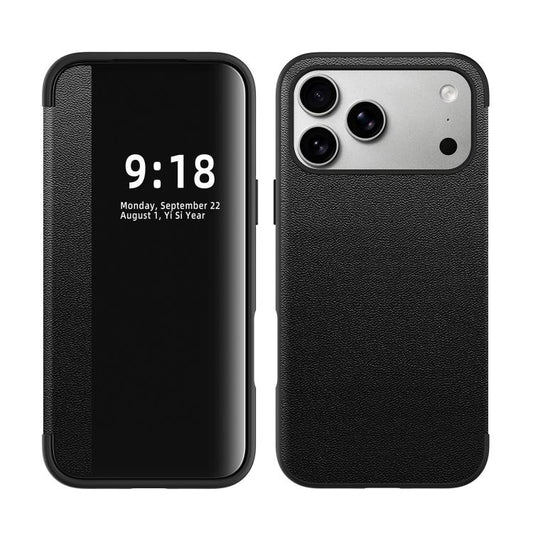 Side Large Window Plain Vegan Leather Phone Case, For iPhone 18 Pro / 17 Pro, For iPhone 18 Pro Max / 17 Pro Max, For iPhone 17, For iPhone 16 Pro Max, For iPhone 16 Pro, For iPhone 16 Plus  
