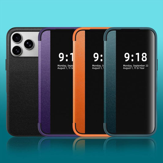 Side Large Window Plain Vegan Leather Phone Case, For iPhone 18 Pro / 17 Pro, For iPhone 18 Pro Max / 17 Pro Max, For iPhone 17, For iPhone 16 Pro Max, For iPhone 16 Pro, For iPhone 16 Plus  