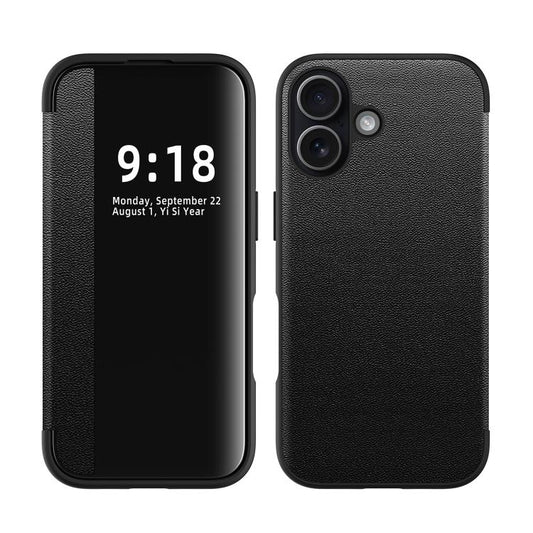 Side Large Window Plain Vegan Leather Phone Case, For iPhone 16  