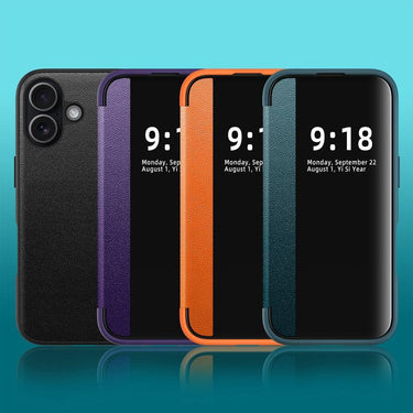 Side Large Window Plain Vegan Leather Phone Case, For iPhone 16  