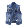 Fashionable Washed Denim Vest for Women with Distressed Patches and Beaded Details, Sleeveless Jacket Versatile Outerwear  
