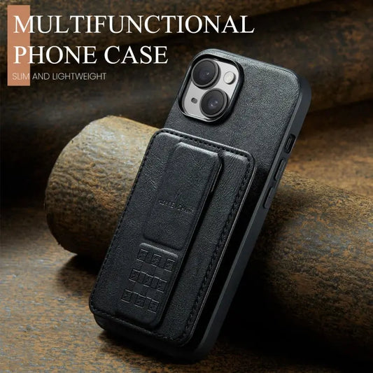 Fierre Shann Oil Wax Cow Leather Card Holder Back Phone Case, For iPhone 15, For iPhone 14 Plus, For iPhone 14, For iPhone 14 Pro  