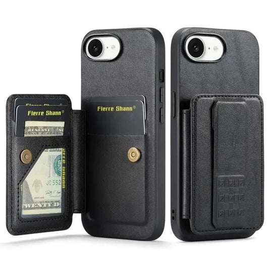 Fierre Shann Oil Wax Cow Leather Card Holder Back Phone Case, For iPhone 17e / 16e, For iPhone 17 Pro Max, For iPhone 17 Pro, For iPhone 17  