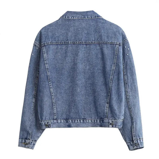 Five Dragonflies Beaded Loose Fit Long Sleeve Denim Jacket for Women  