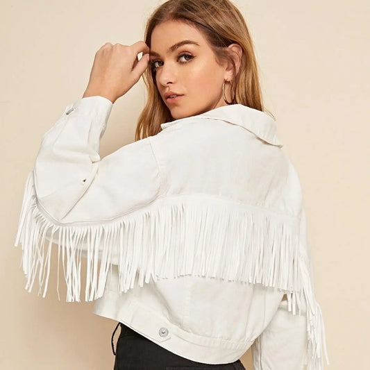 Fringed Denim Jacket for Women White Jacket Fringed Denim Jacket for Women White Jacket  