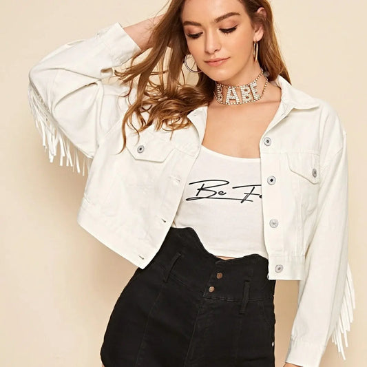 Fringed Denim Jacket for Women White Jacket Fringed Denim Jacket for Women White Jacket  