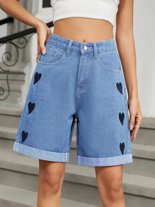 Heart-Pattern Rolled Hem Denim Shorts  