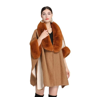 Imitation Rex Rabbit Fur Collar Cape And Shawl Women's Plus Size Loose Woolen Coat  