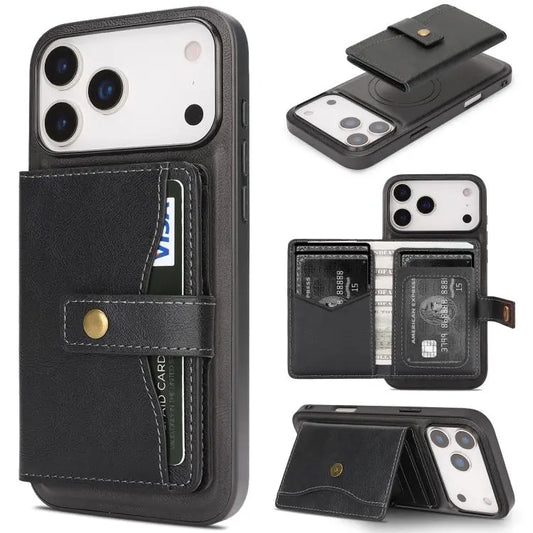 Kalebol Magnetic Button Card Bag MagSafe Ring Leather Phone Case, For iPhone 17 Pro Max, For iPhone 17 Pro, For iPhone 17, For iPhone Air  