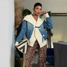 Knitted Patchwork Wide Turn-Down Collar Denim Jacket  