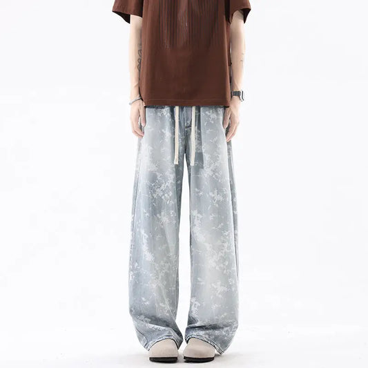 Leather Rayon Denim Pants Men Printed Casual Pants Men Trendy Vintage Retro Long Pants  