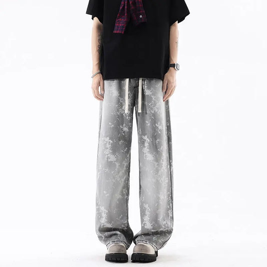 Leather Rayon Denim Pants Men Printed Casual Pants Men Trendy Vintage Retro Long Pants  