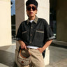 Leopard Print Patchwork Washed Denim Shirt with Half Sleeves  