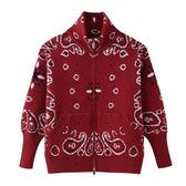 Loose high neck zipper embellished long sleeved cardigan sweater  