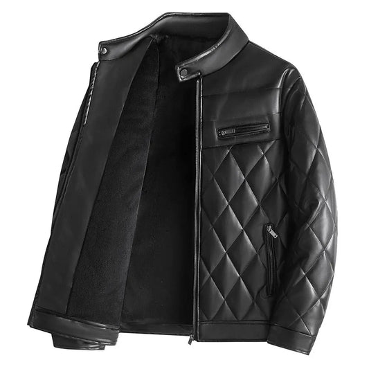 PU leather cotton jacket for men in winter with added velvet and thick leather cotton jacket, Korean version youth motorcycle  
