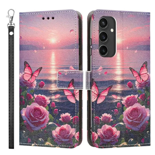 Painted Pattern Vegan Leather Phone Case with Strap, For Galaxy S24 Ultra 5G, For Galaxy S23 FE 5G, For Galaxy S23 Ultra 5G  