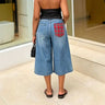Patchwork Checkered Washed Seven-Quarter Denim Pants  