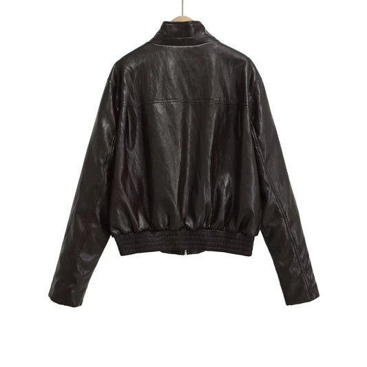 Pocket decoration imitation leather jacket women's clothing  