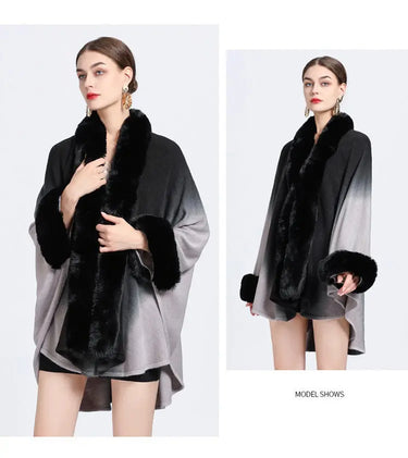 Rabbit Fur Collar Shawl Cape Knitted Cardigan Baggy Coat  