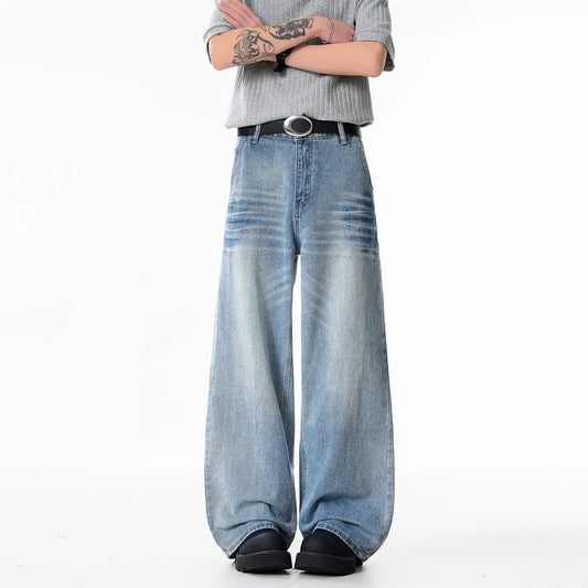 Relaxed Fit Cat-Whisker Washed Wide-Leg Jeans for Men  