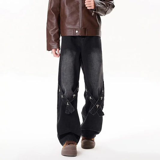 Relaxed Straight Leg Jeans Men Long Pants  