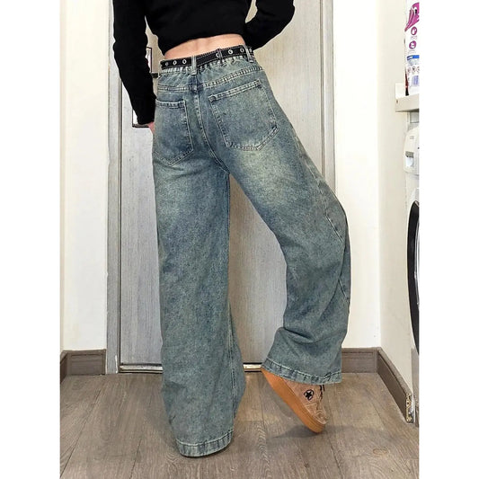 Retro Blue Patchwork Gradient Knife-Edge Jeans  