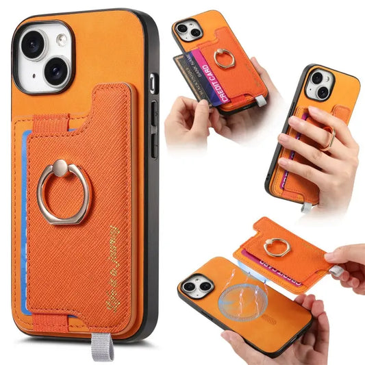 Retro Magsafe Cross Leather Ring Holder Card Bag Phone Case, For iPhone 15, For iPhone 14 Plus, For iPhone 14  