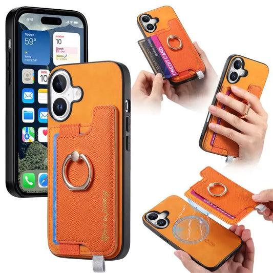 Retro Magsafe Cross Leather Ring Holder Card Bag Phone Case, For iPhone 17, For iPhone Air, For iPhone 16 Pro Max  