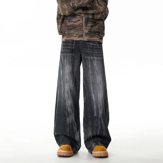 Retro Washed Denim Pants Men Loose Distressed Wide Leg Long Trousers  