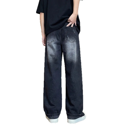 Ripped Denim Pants Men Washed Design Clean Fit Straight Leg Wide Leg Long Pants  