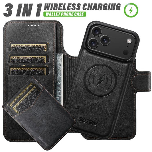 Suteni Q05S5 3-in-1 Detachable Bottle Opener Card Bag Magnetic Cowhide Vegan Leather Phone Case, For iPhone 17 Pro Max, For iPhone 17 Pro, For iPhone 17, For iPhone Air, For iPhone 16 Pro Max, For iPhone 16 Pro, For iPhone 16 Plus, For iPhone 16  