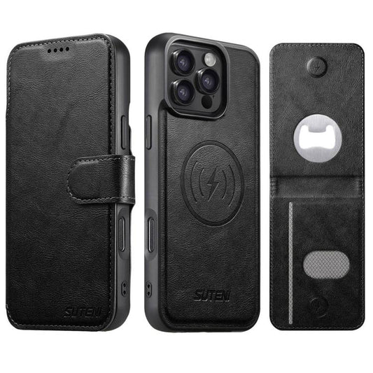 Suteni Q05S5 3-in-1 Detachable Bottle Opener Card Bag Magnetic Cowhide Vegan Leather Phone Case, For iPhone 15 Pro Max, For iPhone 15 Pro, For iPhone 15 Plus, For iPhone 15, For iPhone 14 Plus, For iPhone 14, For iPhone 14 Pro, For iPhone 14 Pro Max  