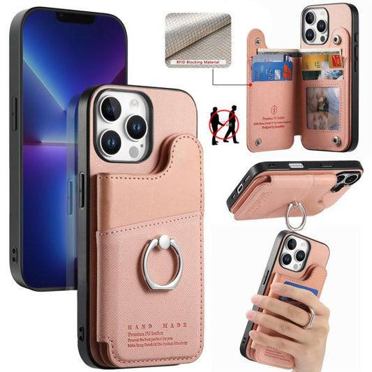 Twill Fabric Ring Multi-card Wallet Vegan Leather Phone Case, For iPhone 13 Pro Max, For iPhone 13 Pro, For iPhone 13  